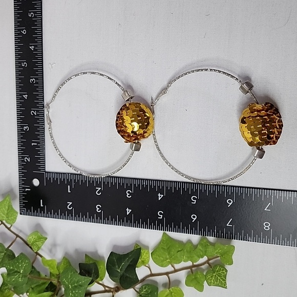 Large Silver Statement Hoop Earrings with Gold Sequin Disco Ball New - Picture 7 of 7